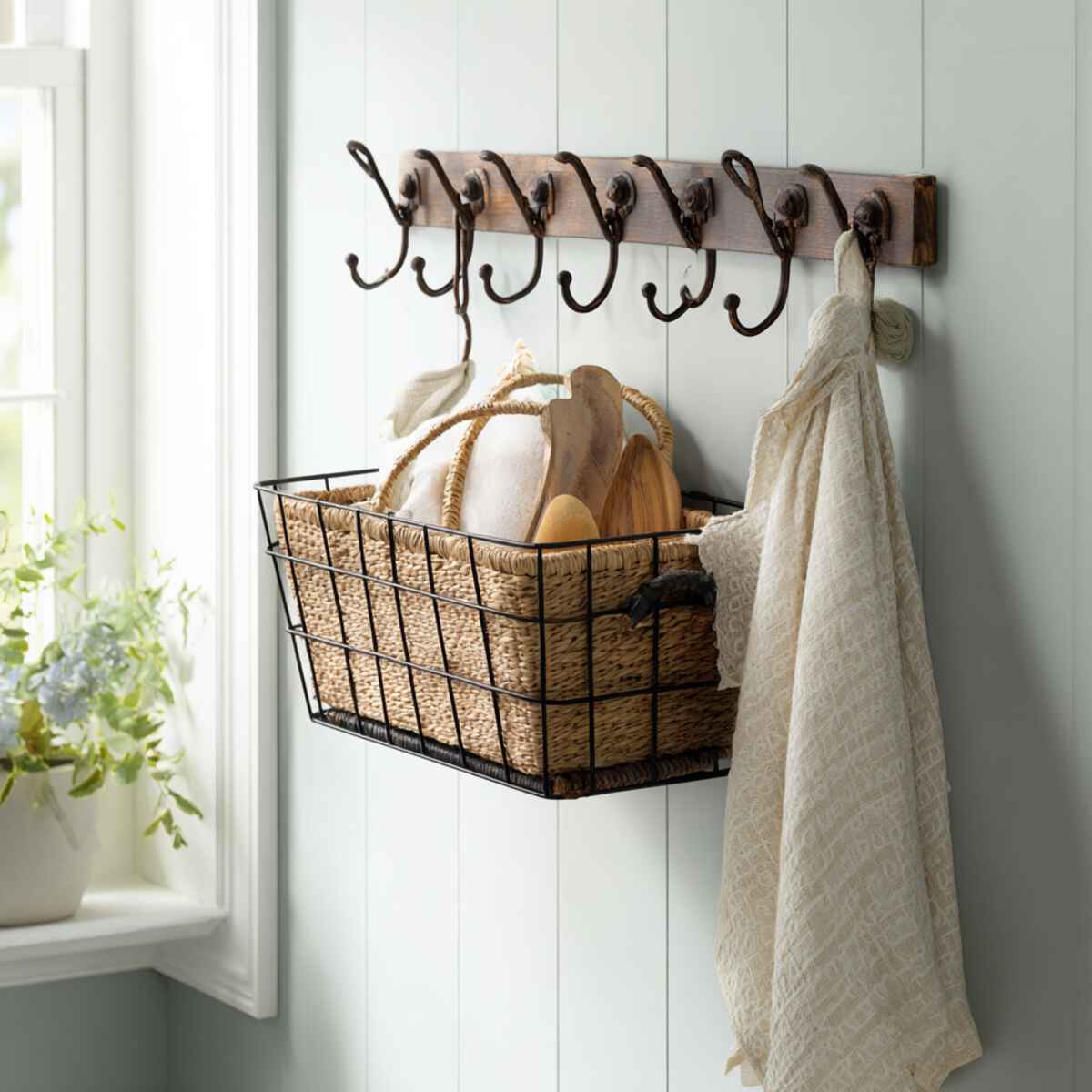 Wall-Mounted Basket with Integrated Hooks