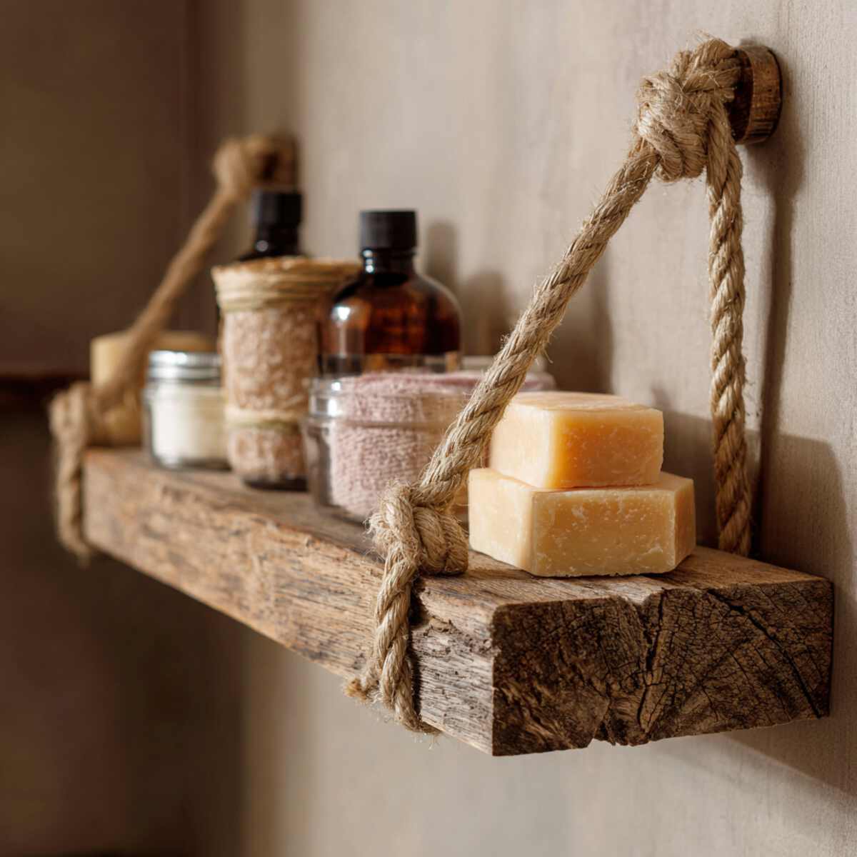 Wooden Beam Shelves with Rope Supports