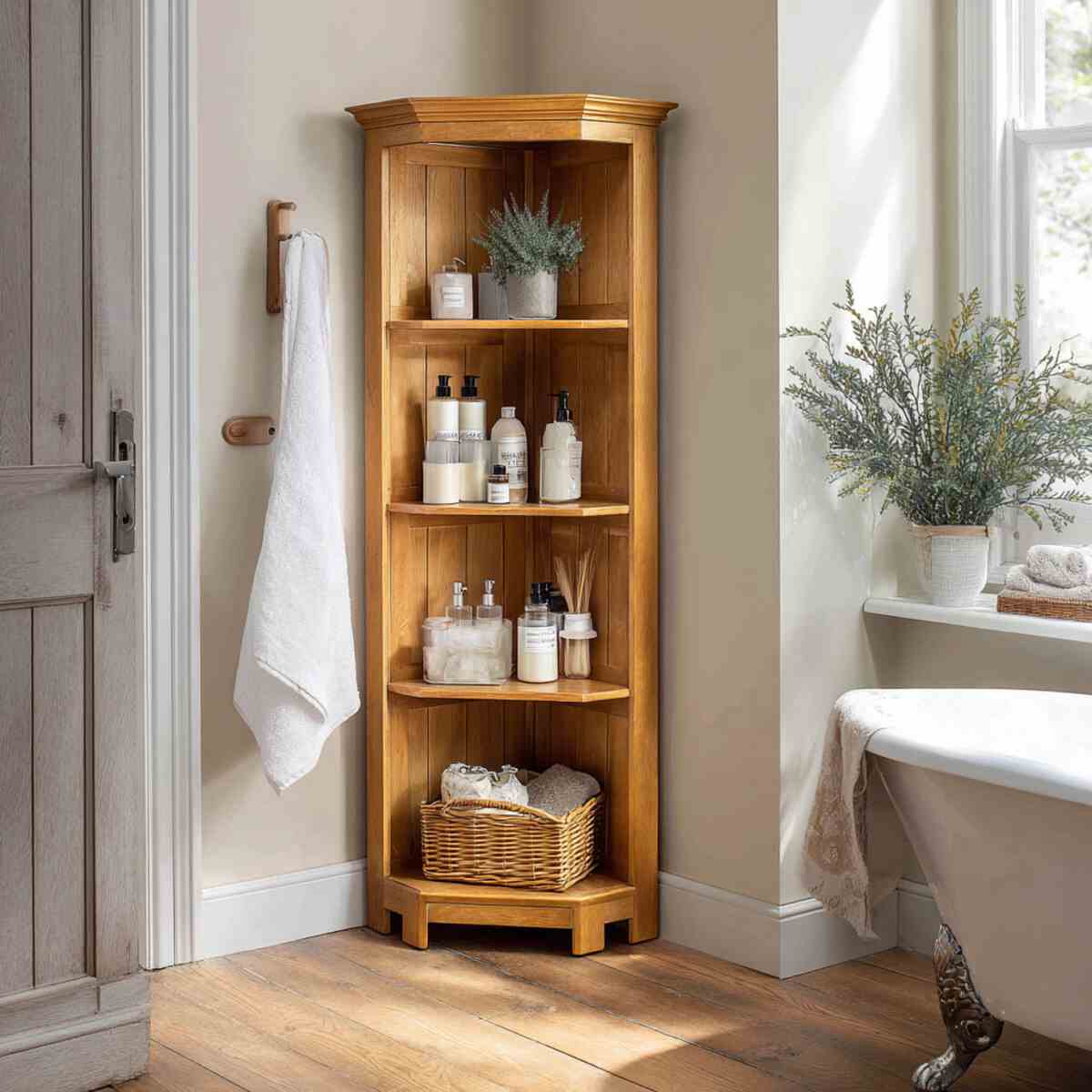Wooden Corner Cabinet with Shelves