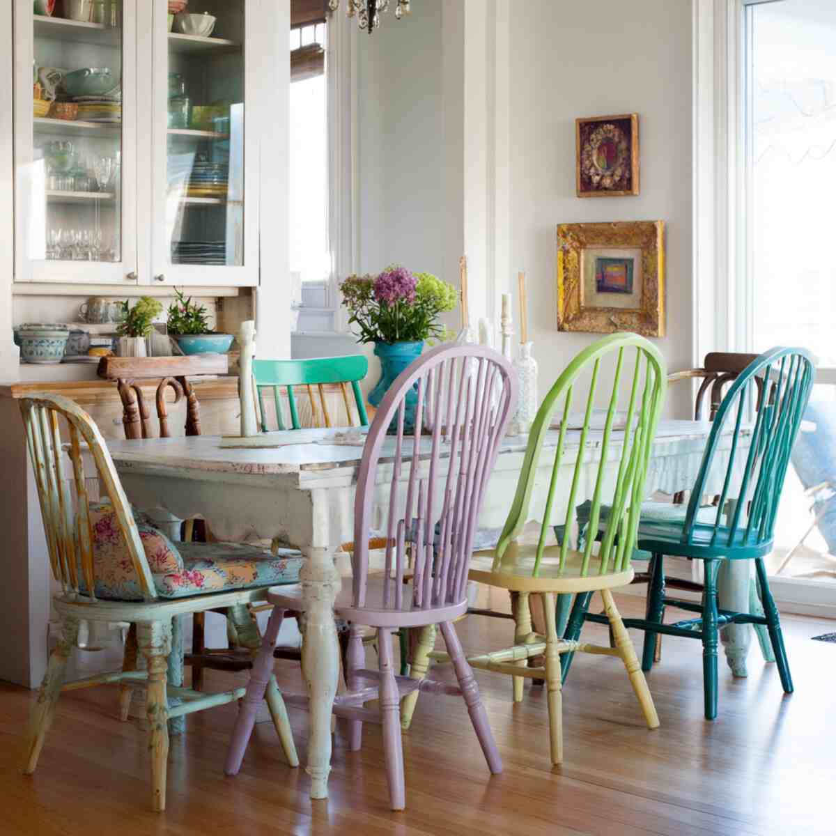 Mismatched Painted Chairs in Pastel Tones