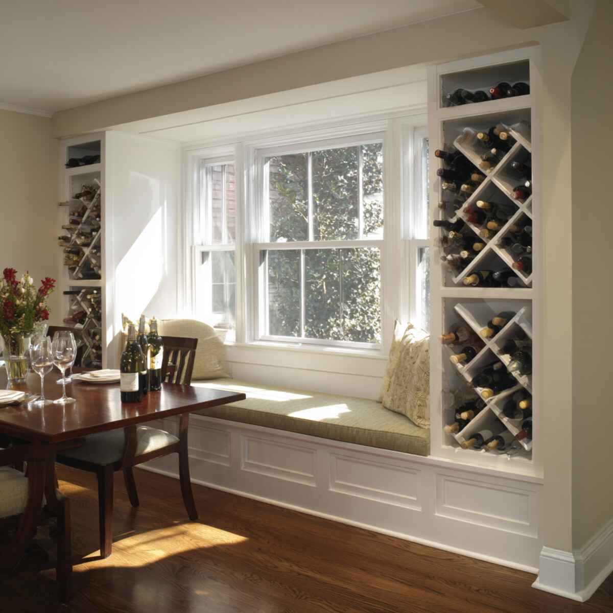 Wine Rack Built Into a Window Seat Bench