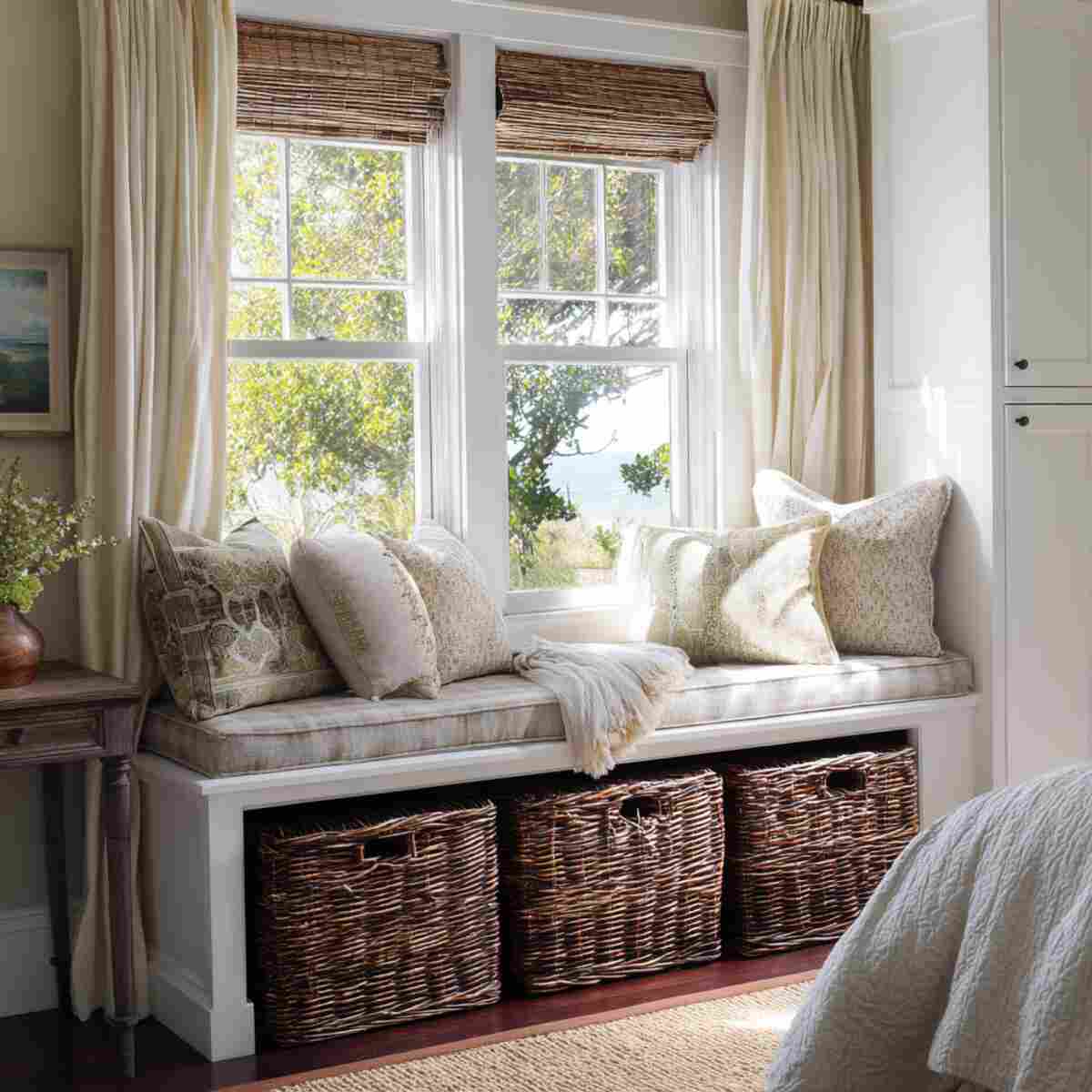 Window Bench with Wicker Baskets