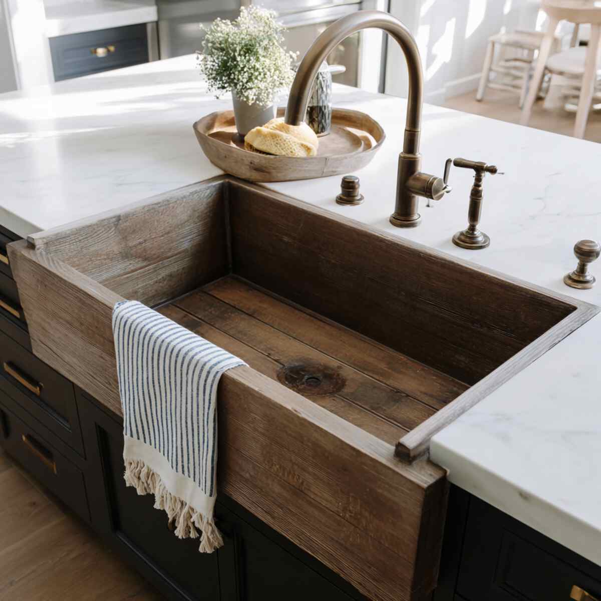 Rustic Wood Apron Sink with Matte Bronze Fixtures