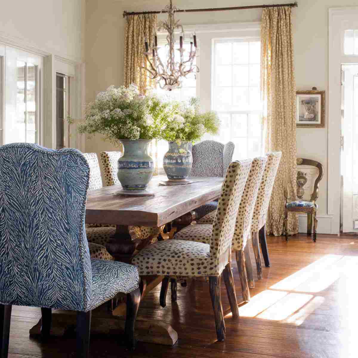 Mismatched Chairs with Similar Fabric Upholstery