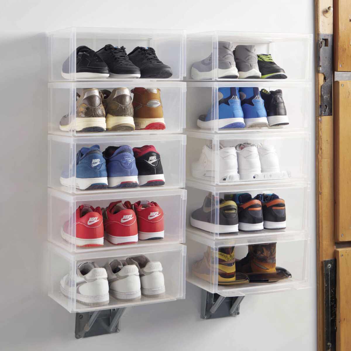 Stackable Shoe Boxes Mounted to the Wall