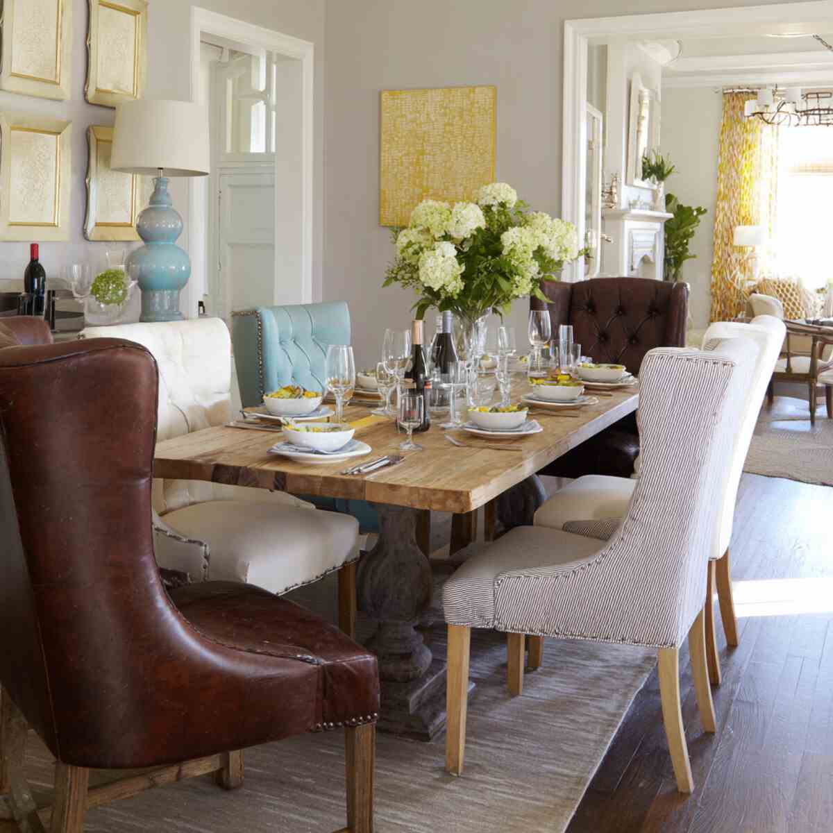 Alternating Leather Chairs and Fabric Ones