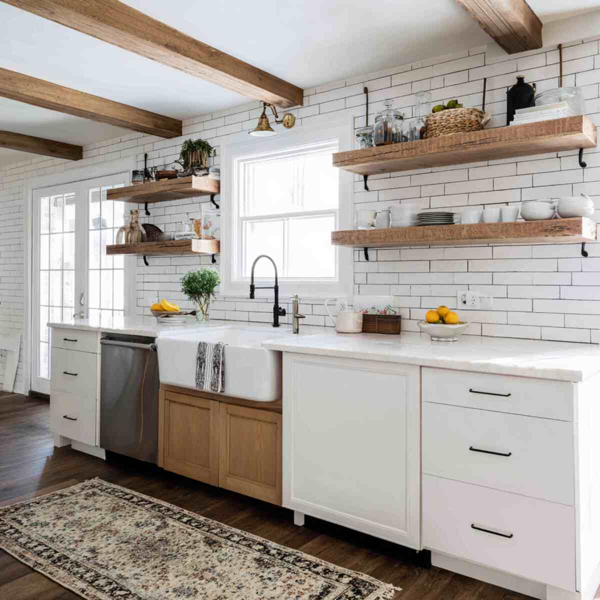Farmhouse Sink Paired with Open Wood Shelving