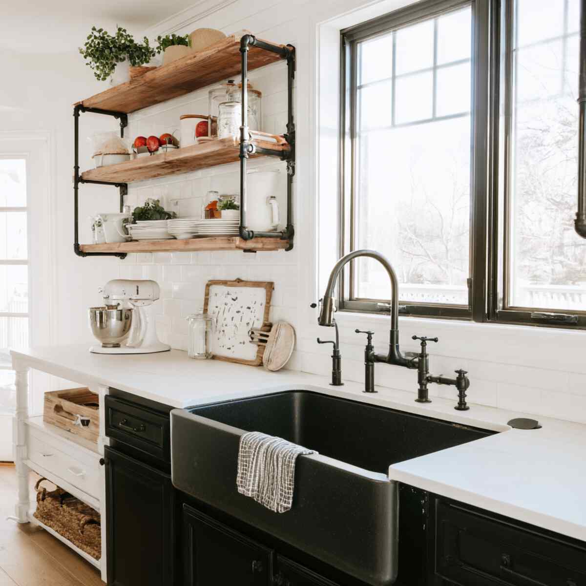 Matte Black Sink with Industrial Pipe Shelving