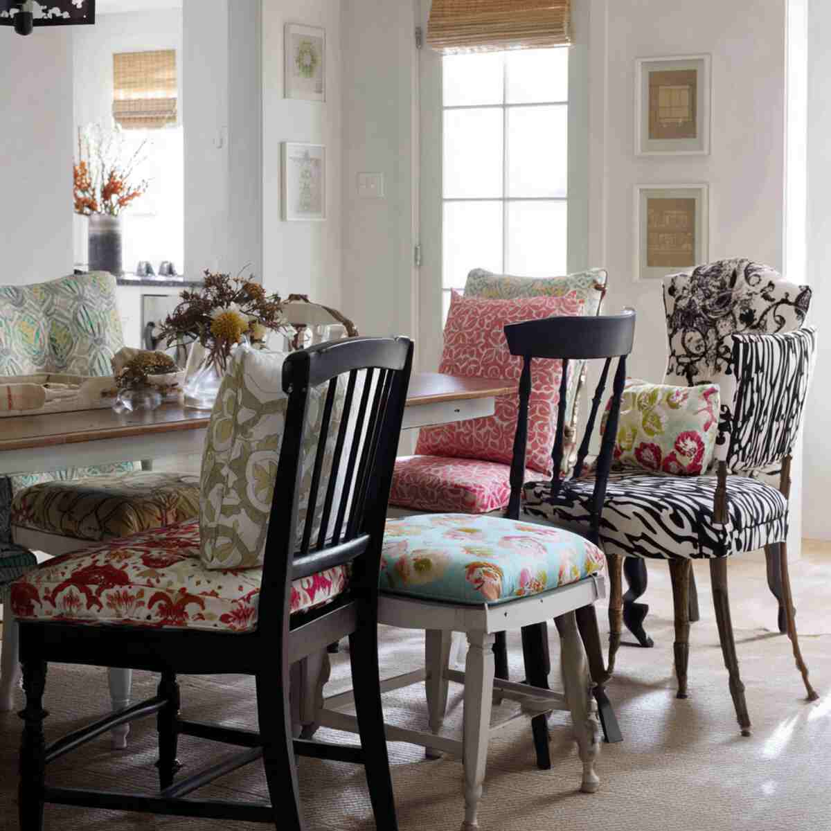 Mix of Patterned Cushions or Slipcovers on Various Chairs