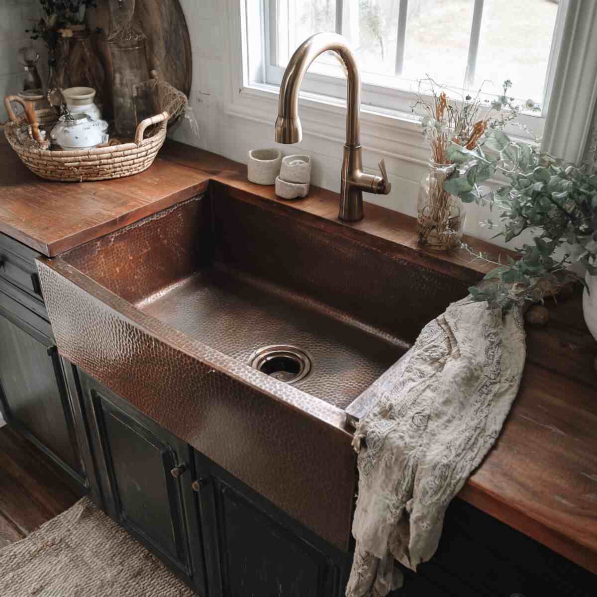 Copper Farmhouse Sink with Rustic Wood Countertops