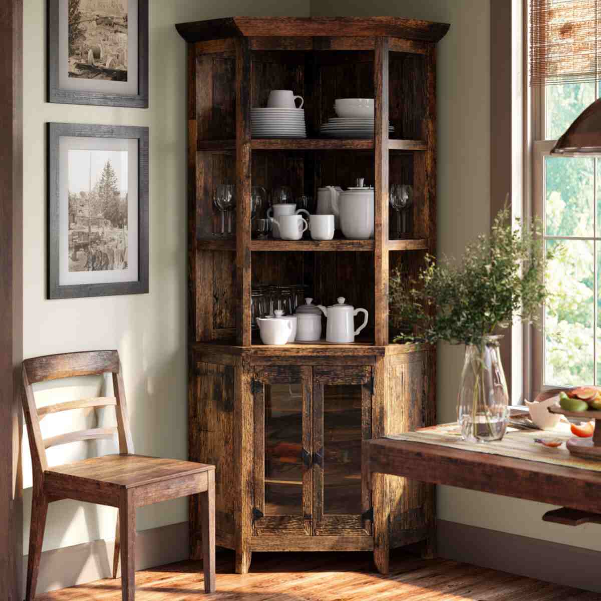 Rustic Wooden Corner Hutch