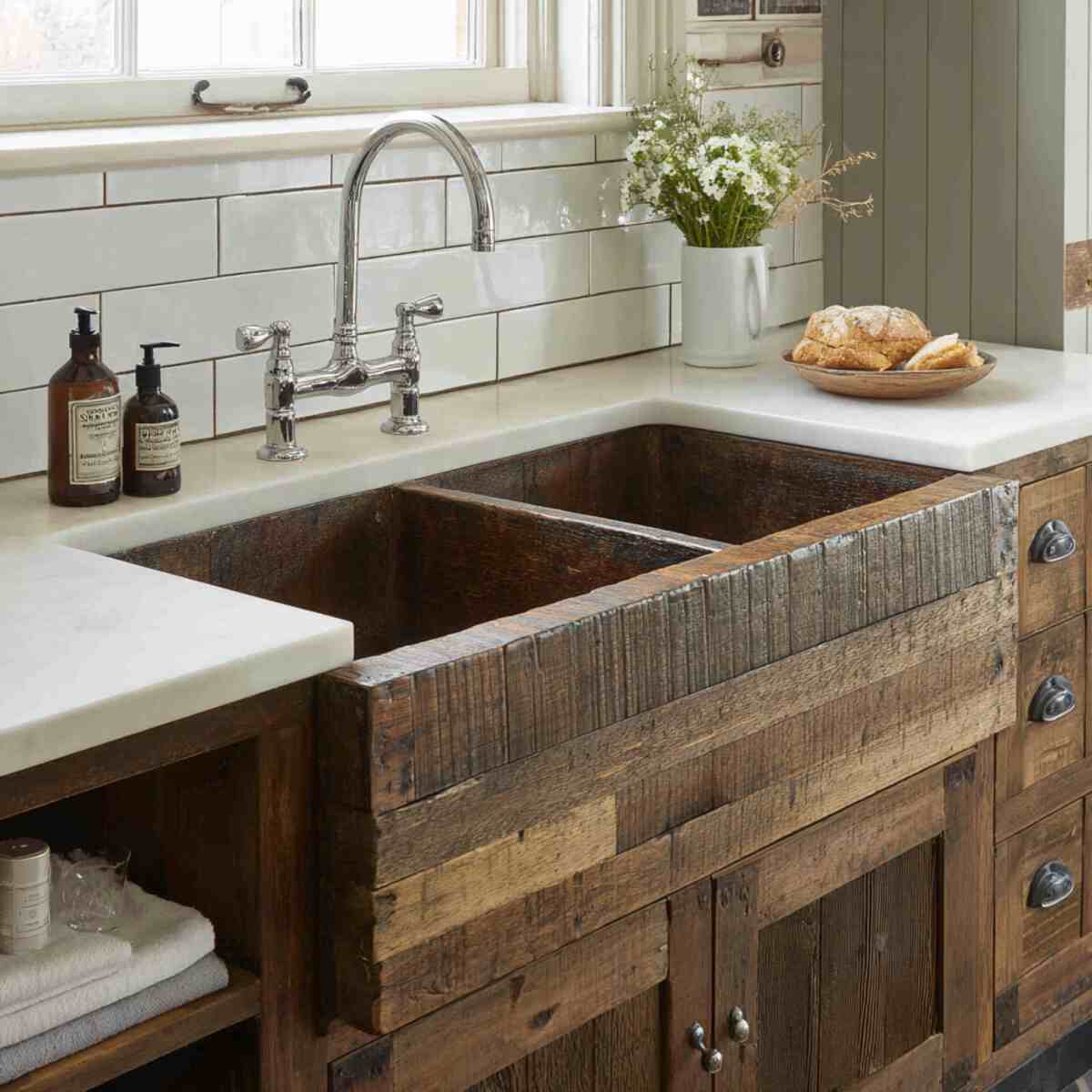 Double-Basin Sink with Reclaimed Wood Cabinetry