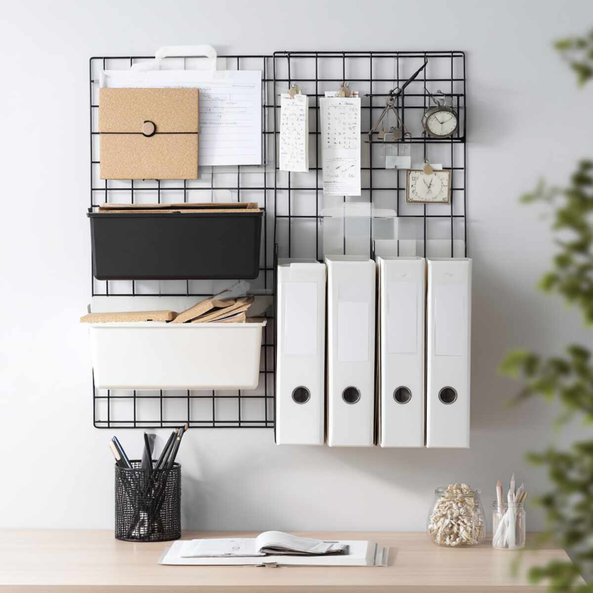 Wall Grid Panel with Clip-On File Bins