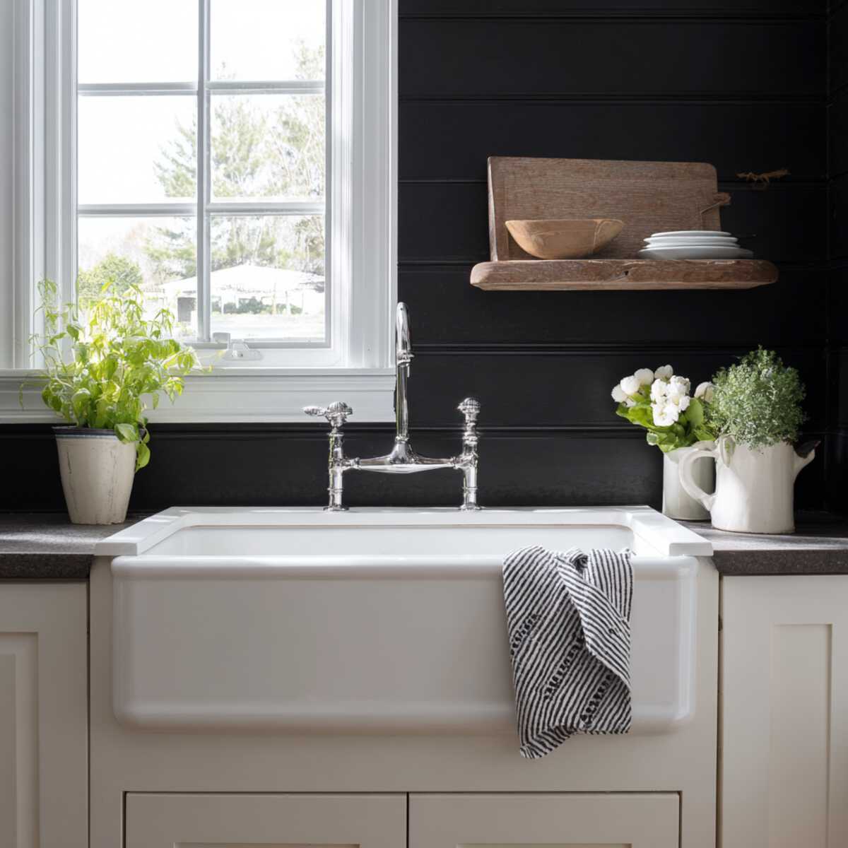 White Sink with Black Shiplap Backsplash