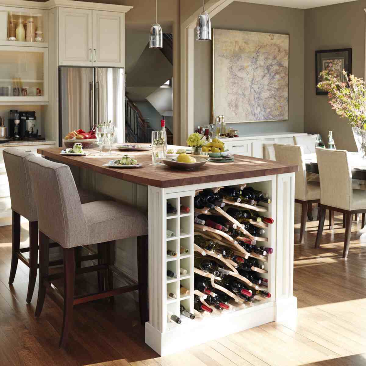 Wine Rack Incorporated Into a Kitchen Island Facing the Dining Area
