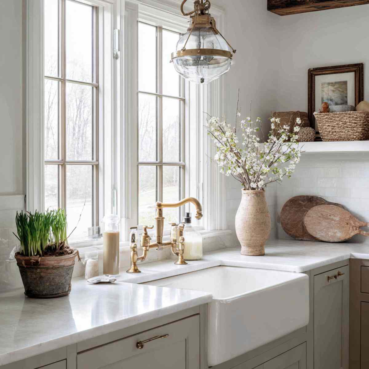 Fireclay Sink with Antique-Style Pendant Lighting