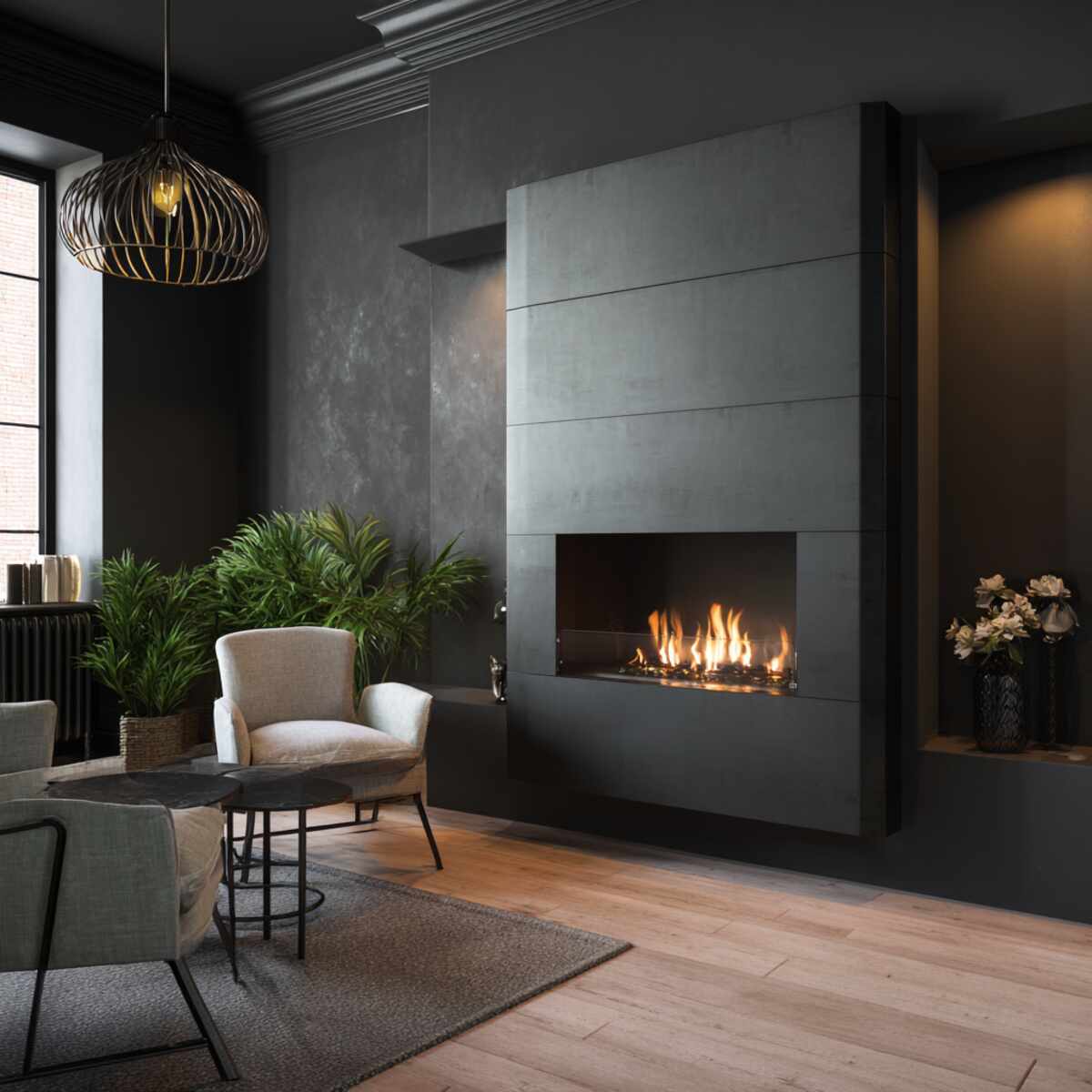 Black Matte Metal-Framed Fireplace