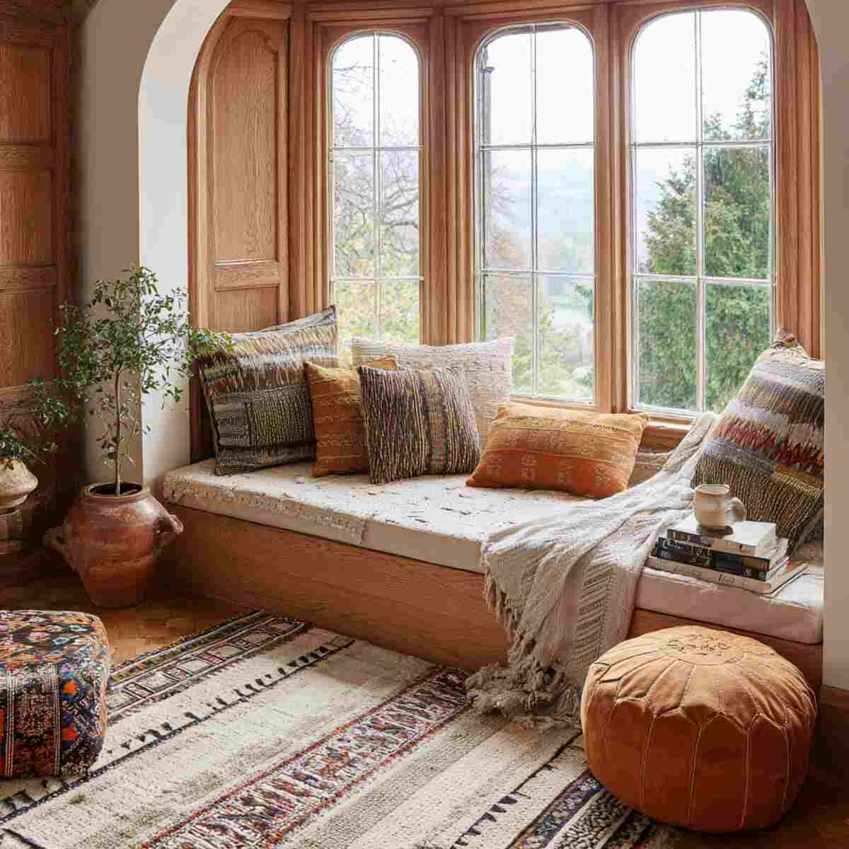 Boho-Style Window Seat with Layered Rugs and Cushions