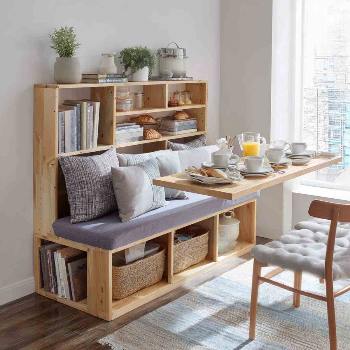 Bookshelf bench breakfast area-resized