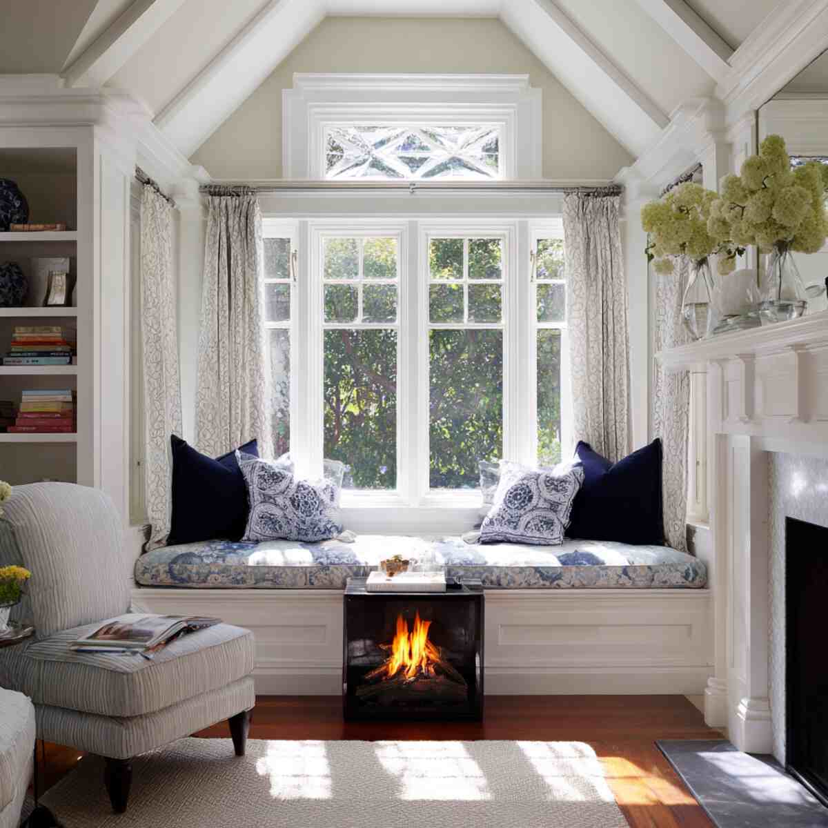 Double Window Seat Flanking a Fireplace
