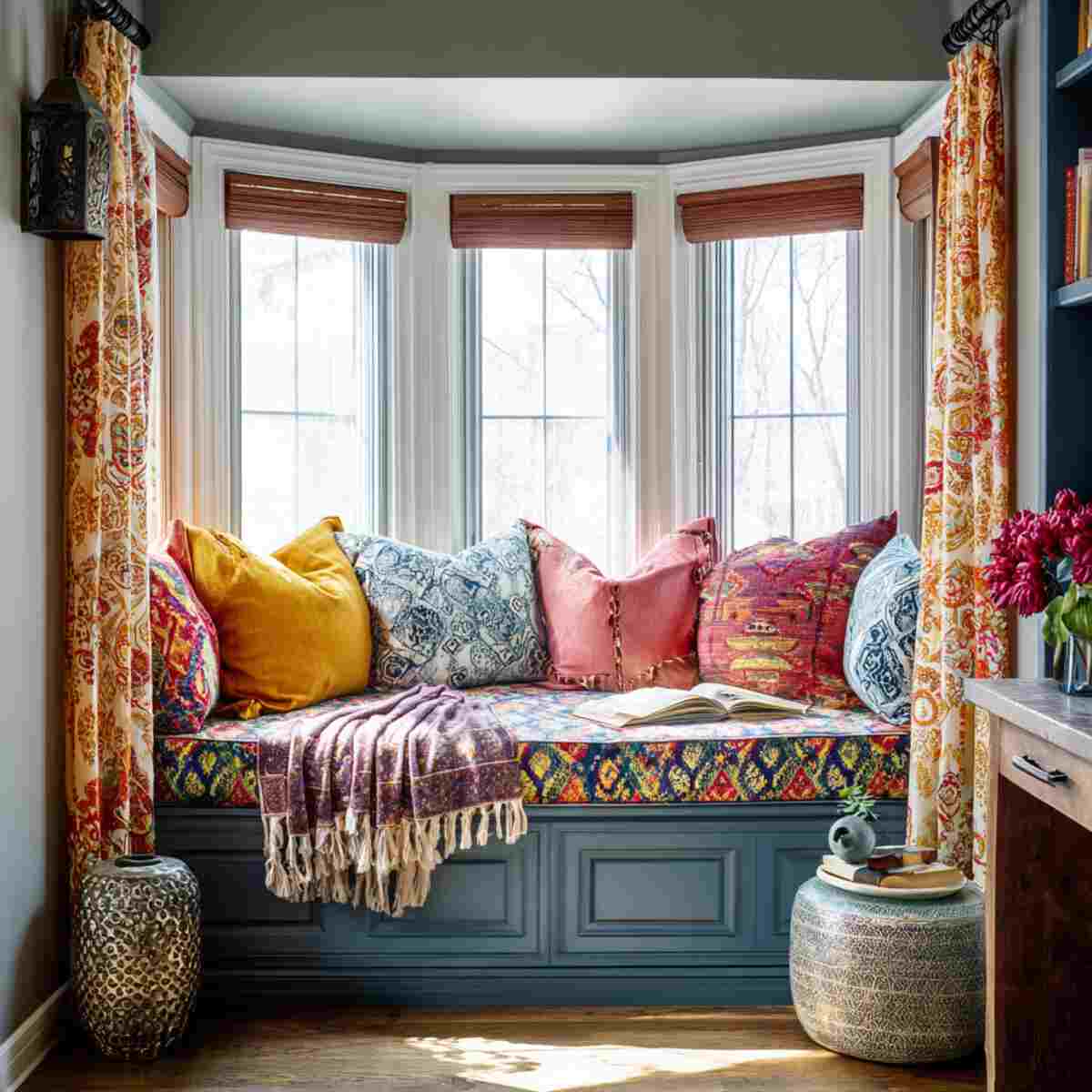 Eclectic Window Seat with Colorful Textiles