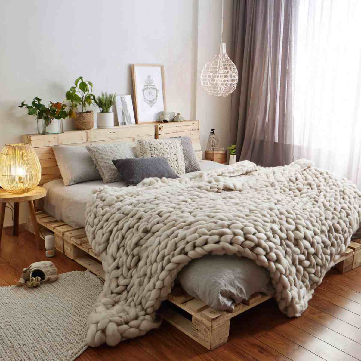 Floor Bed with Chunky Knit Blankets