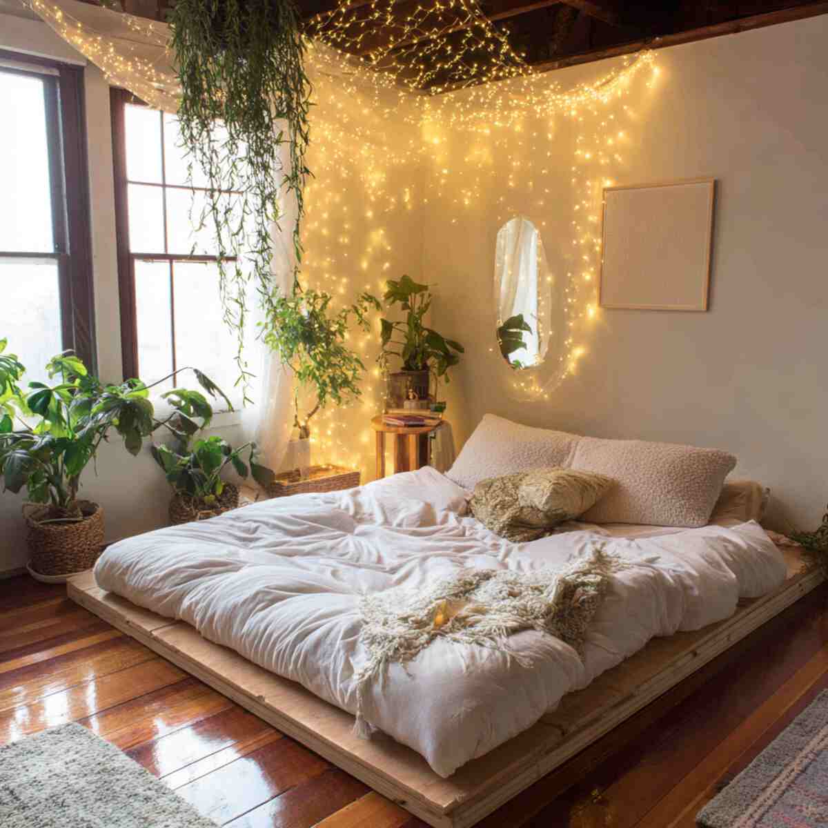 Floor Bed with Fairy Lights Overhead