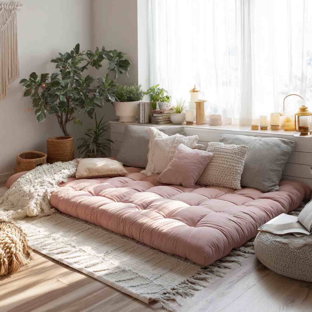 Floor Bed with Surrounding Floor Cushions