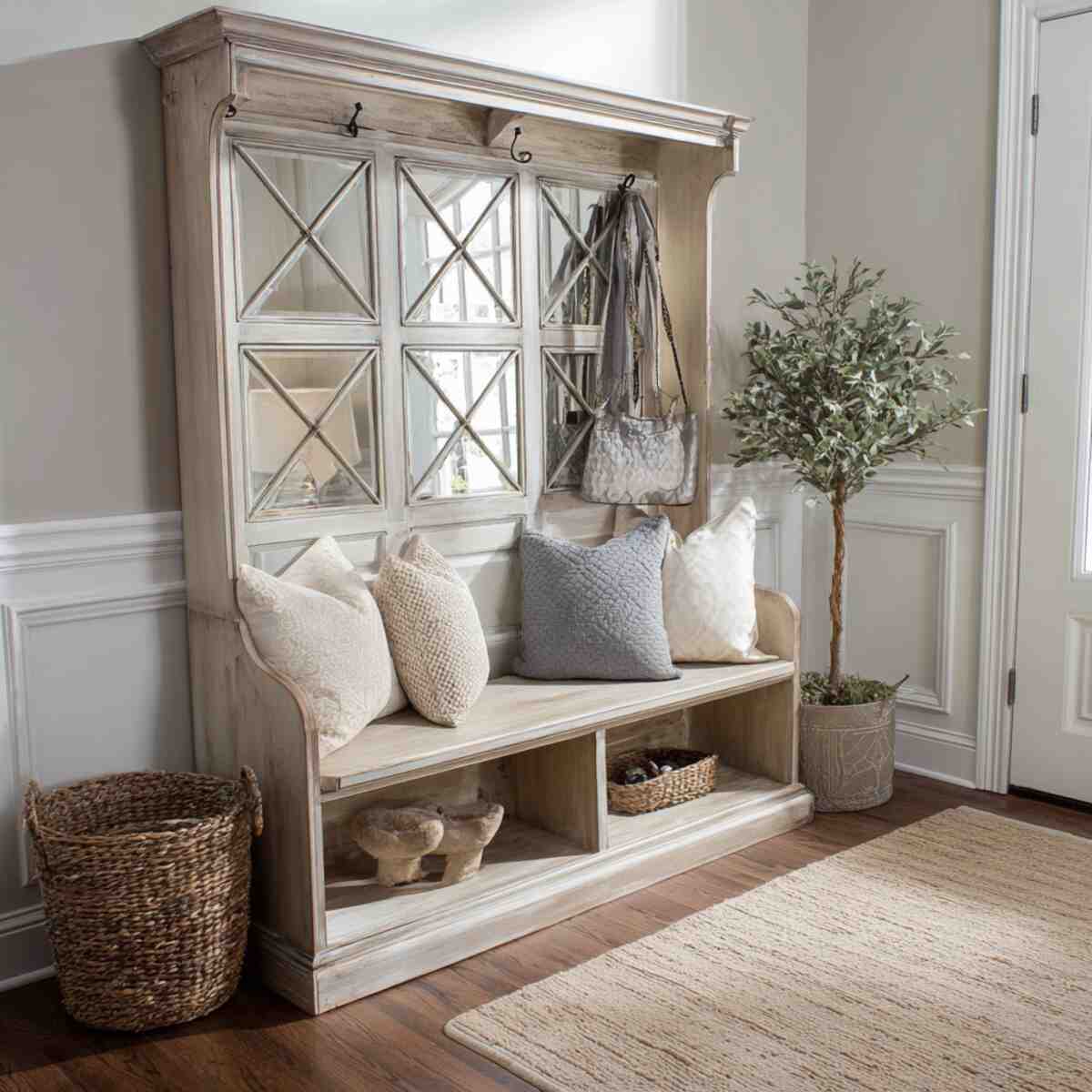 Hall Tree Bench with Mirrored Backing
