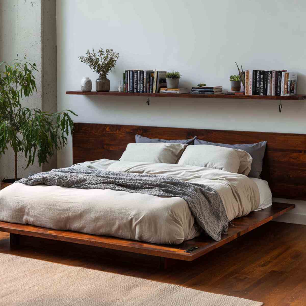 Low Bed with Floating Shelf Headboard