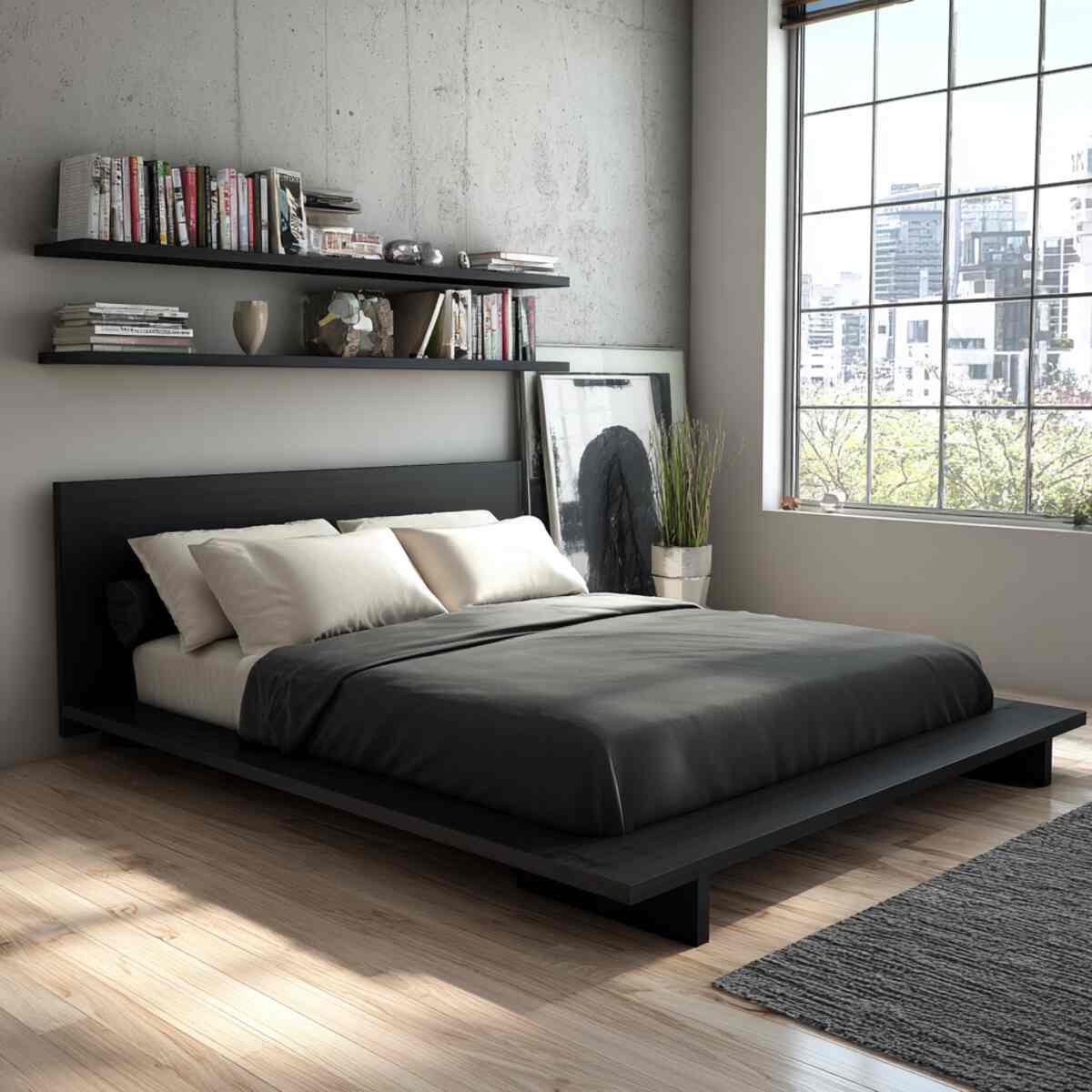 Low Platform Bed with Headboard Shelf