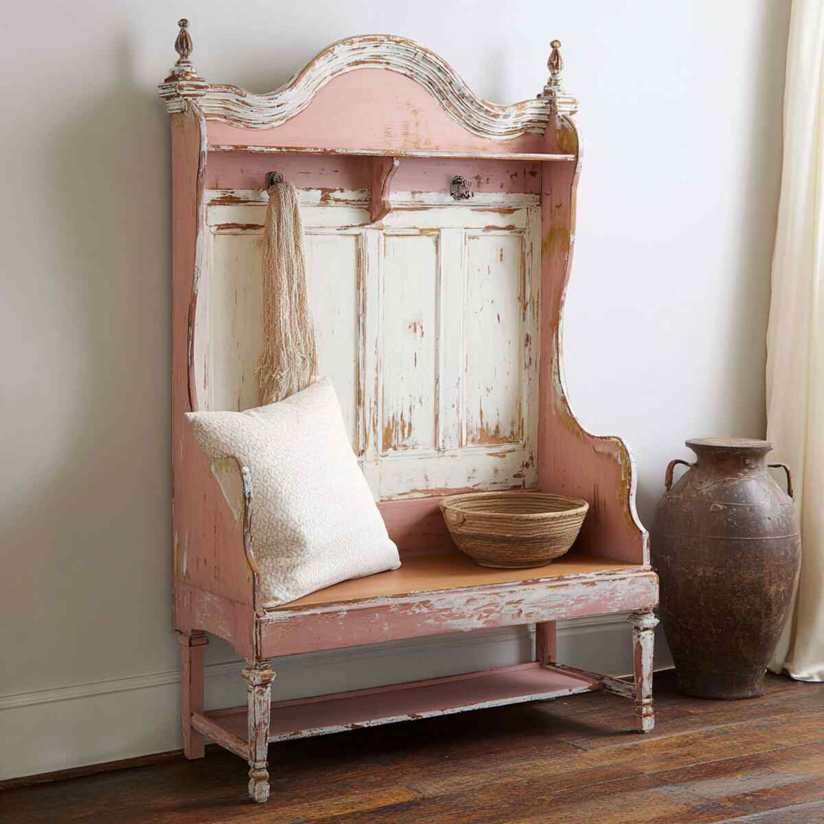Painted Vintage Hall Tree Bench
