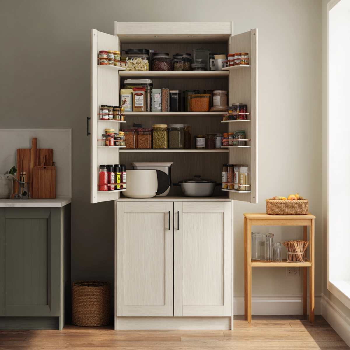 Pantry cabinet with built-in spice rack-resized