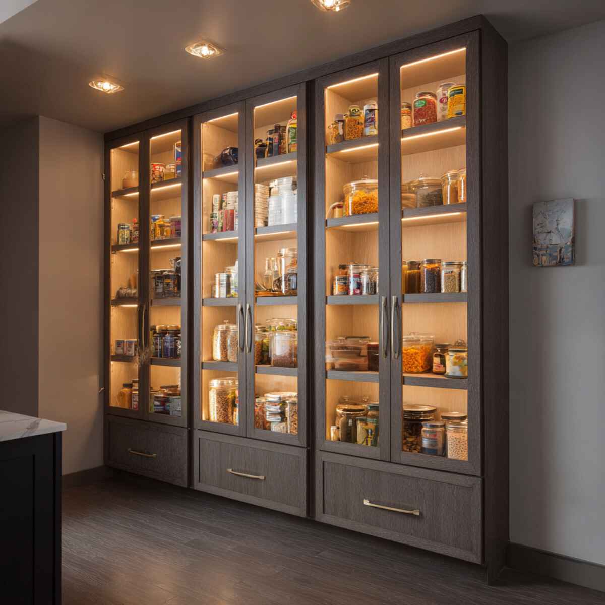 Pantry cabinet with glass inserts and lighting-resized