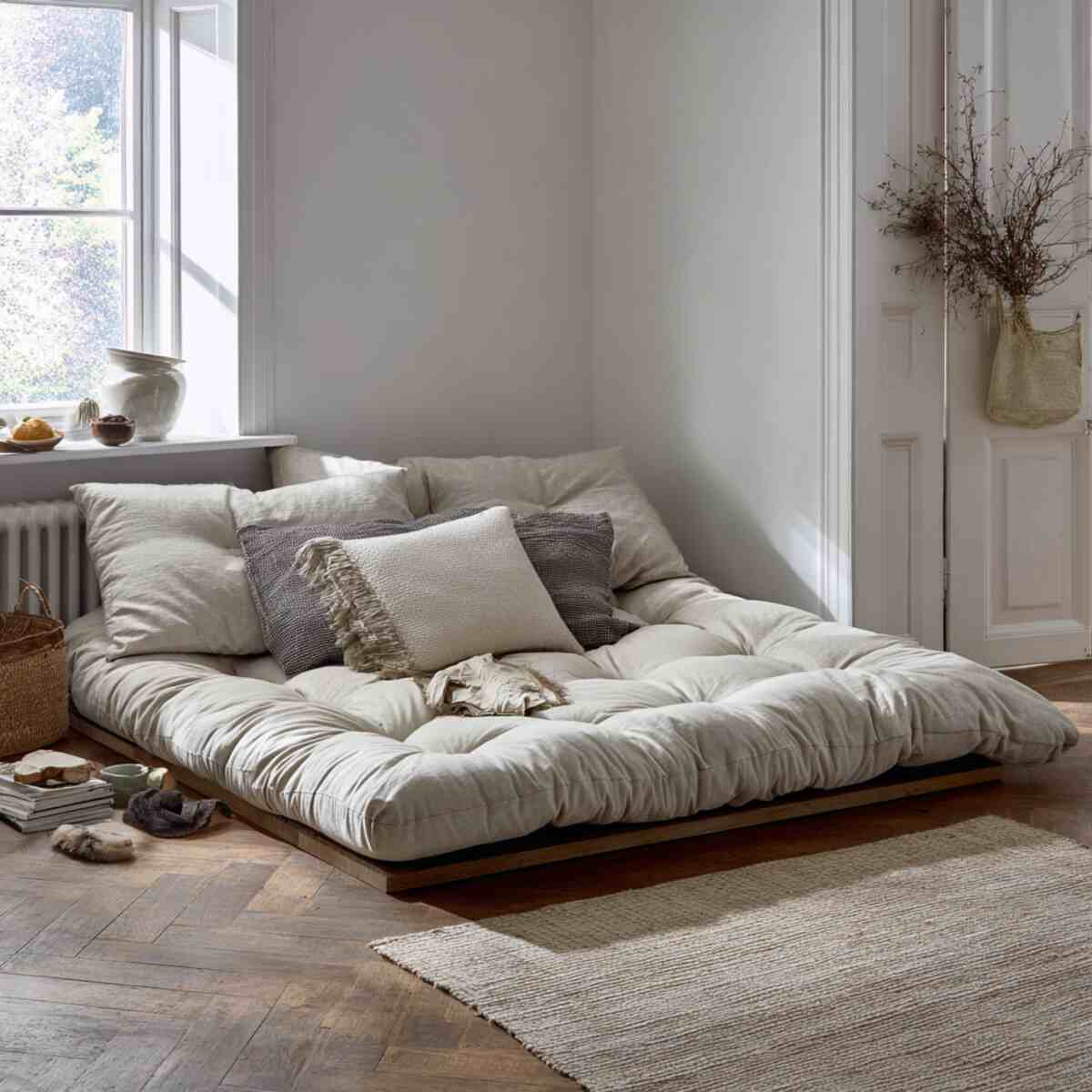 Scandinavian-Style Low Bed with Neutral Tones