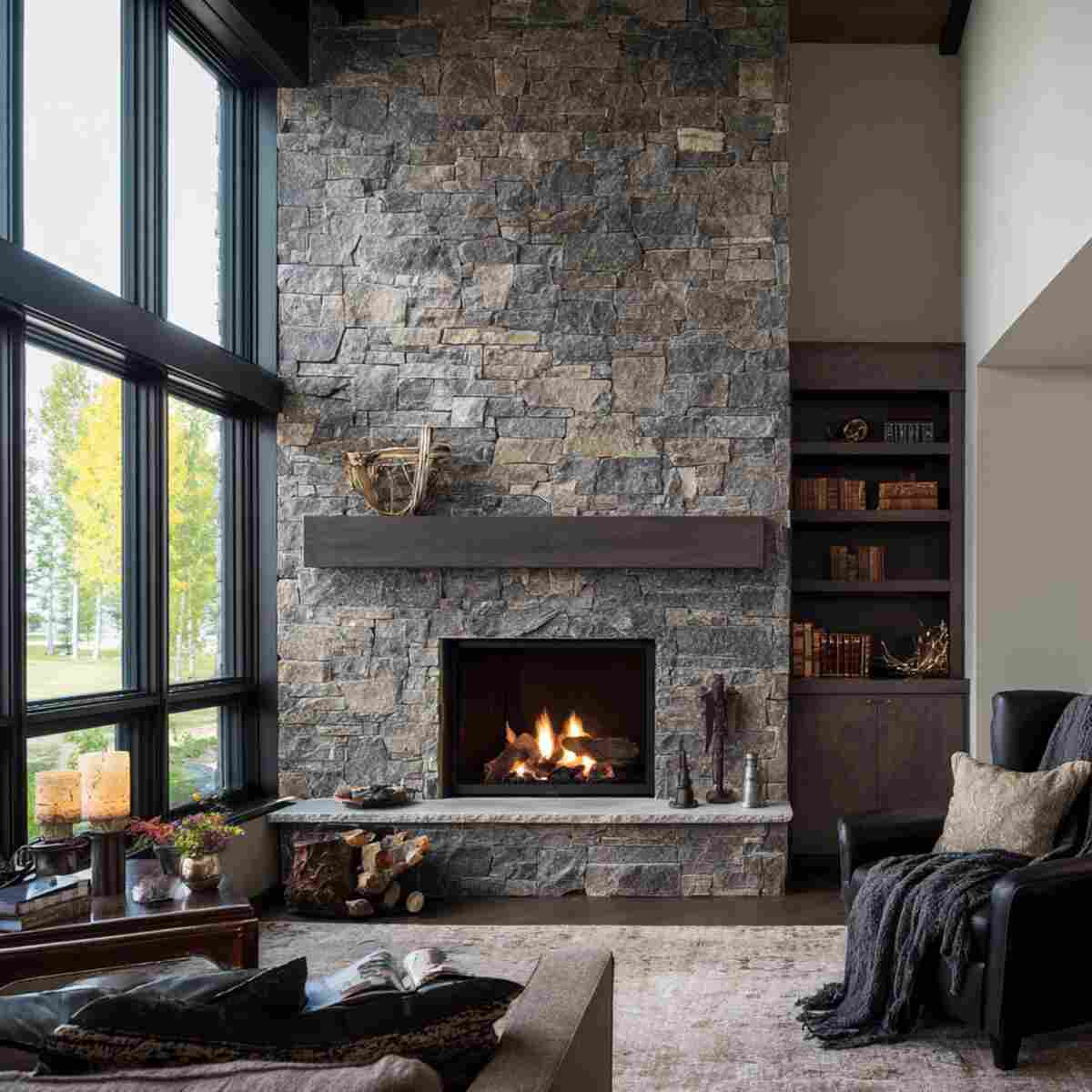 Stone Veneer Surround Wall Fireplace