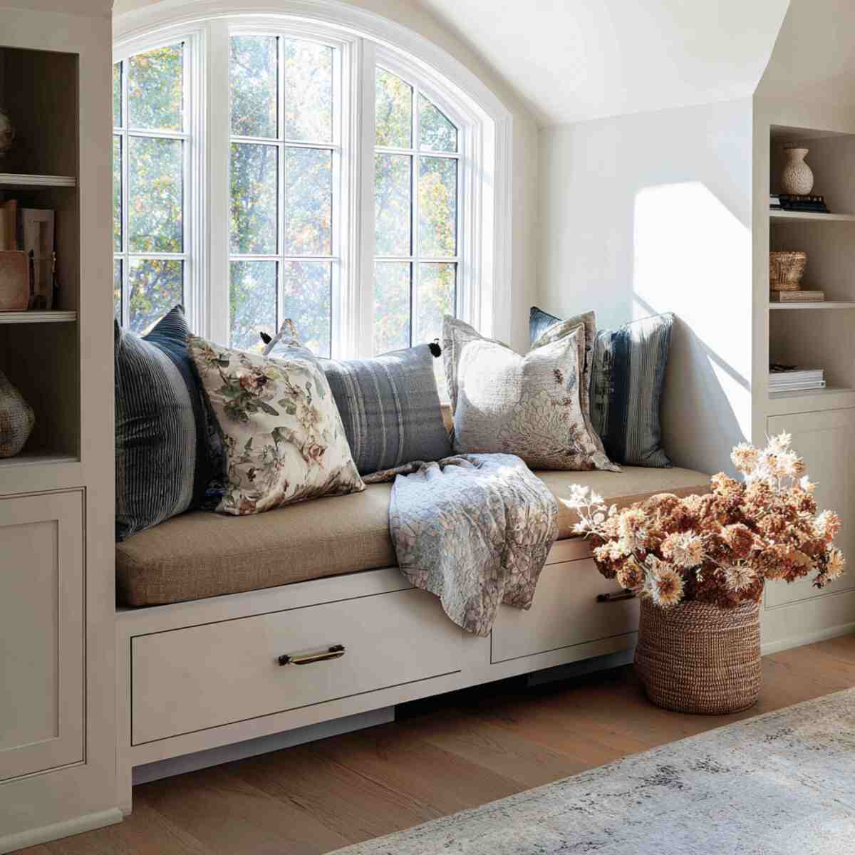 Upholstered Window Seat with Hidden Drawers
