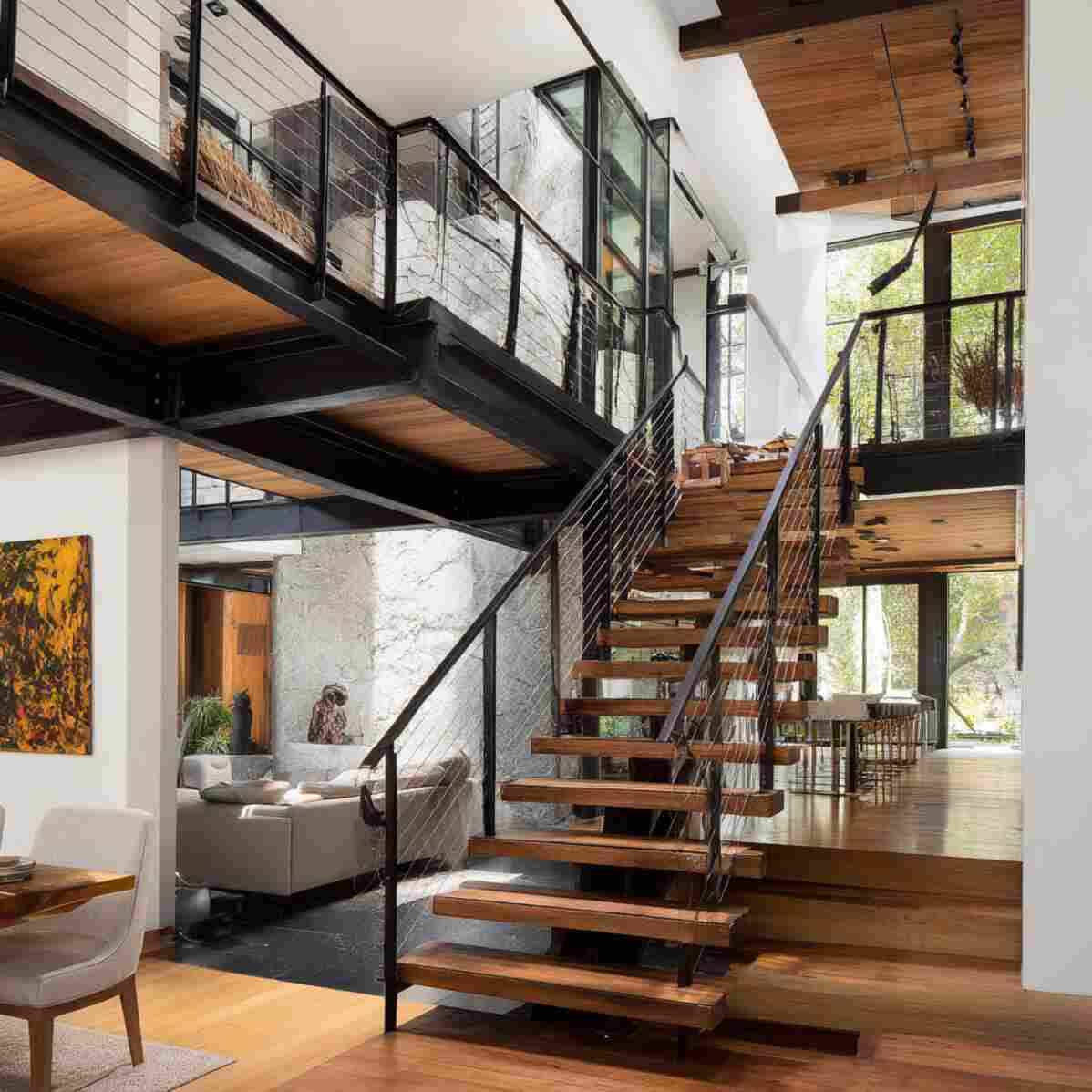 Floating Wood Steps with Metal Railing