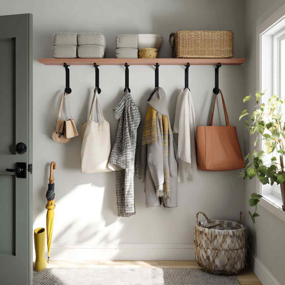 1. Wall-mounted coat hooks - Small Garage Mudroom Combo Ideas_processed_by_imagy