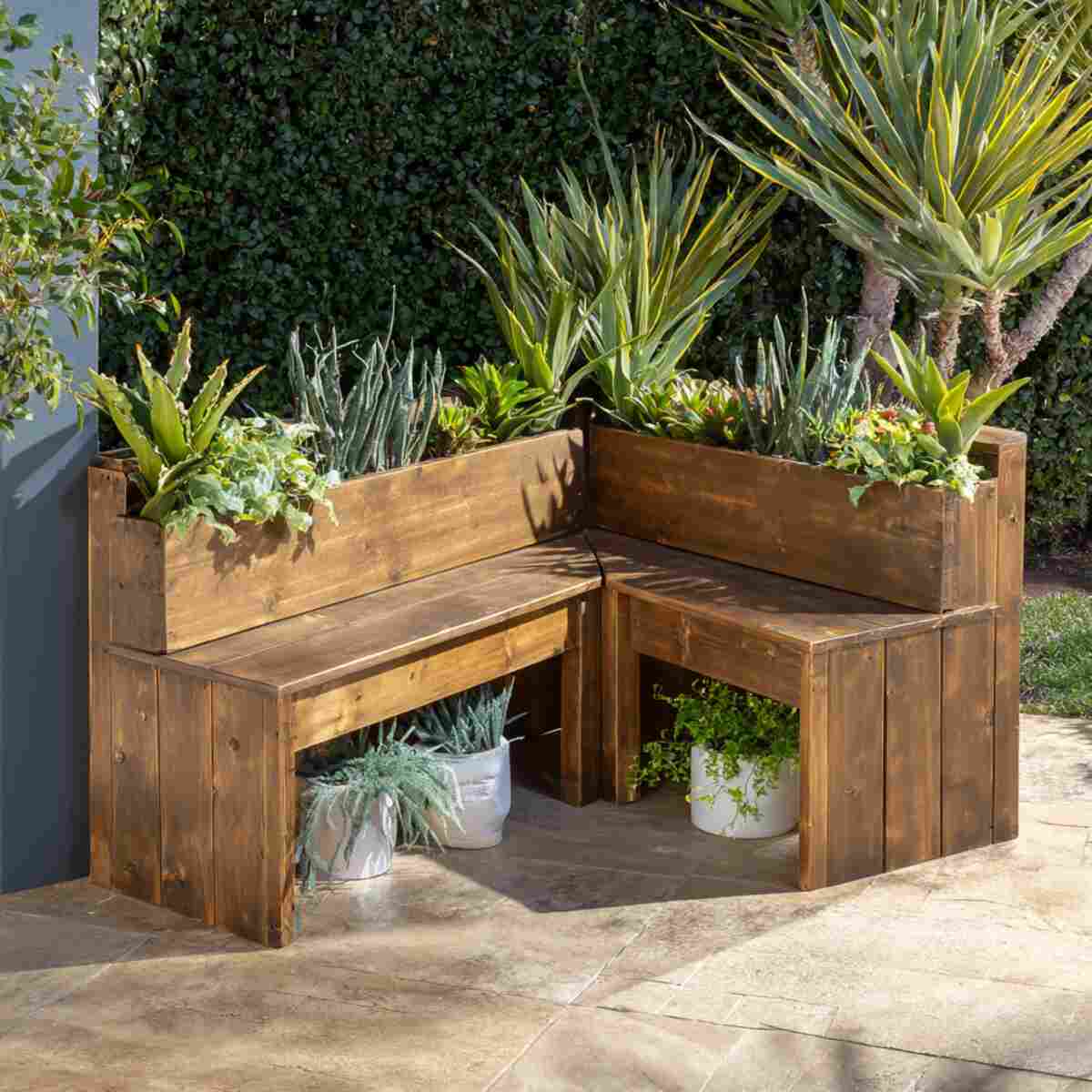 Wooden Bench with Built-in Corner Planters