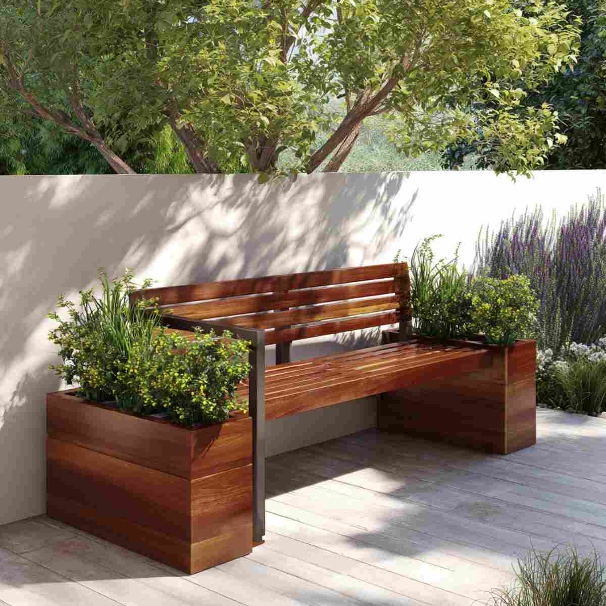 Modern Slatted Bench with Side Planters