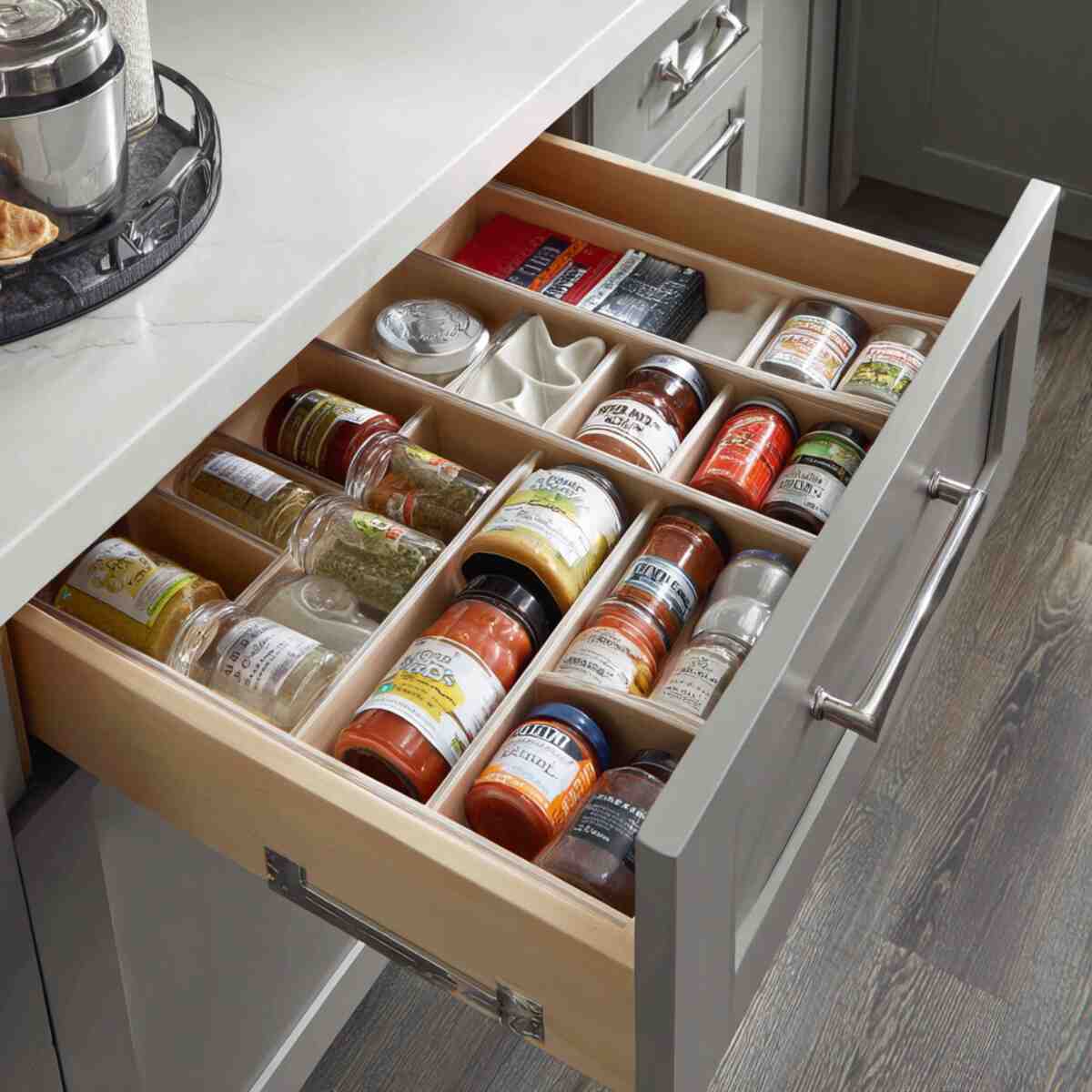 Deep Drawer with Tiered Inserts for Condiments
