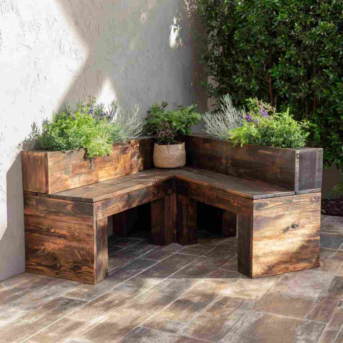 Reclaimed Wood Bench with Corner Planters