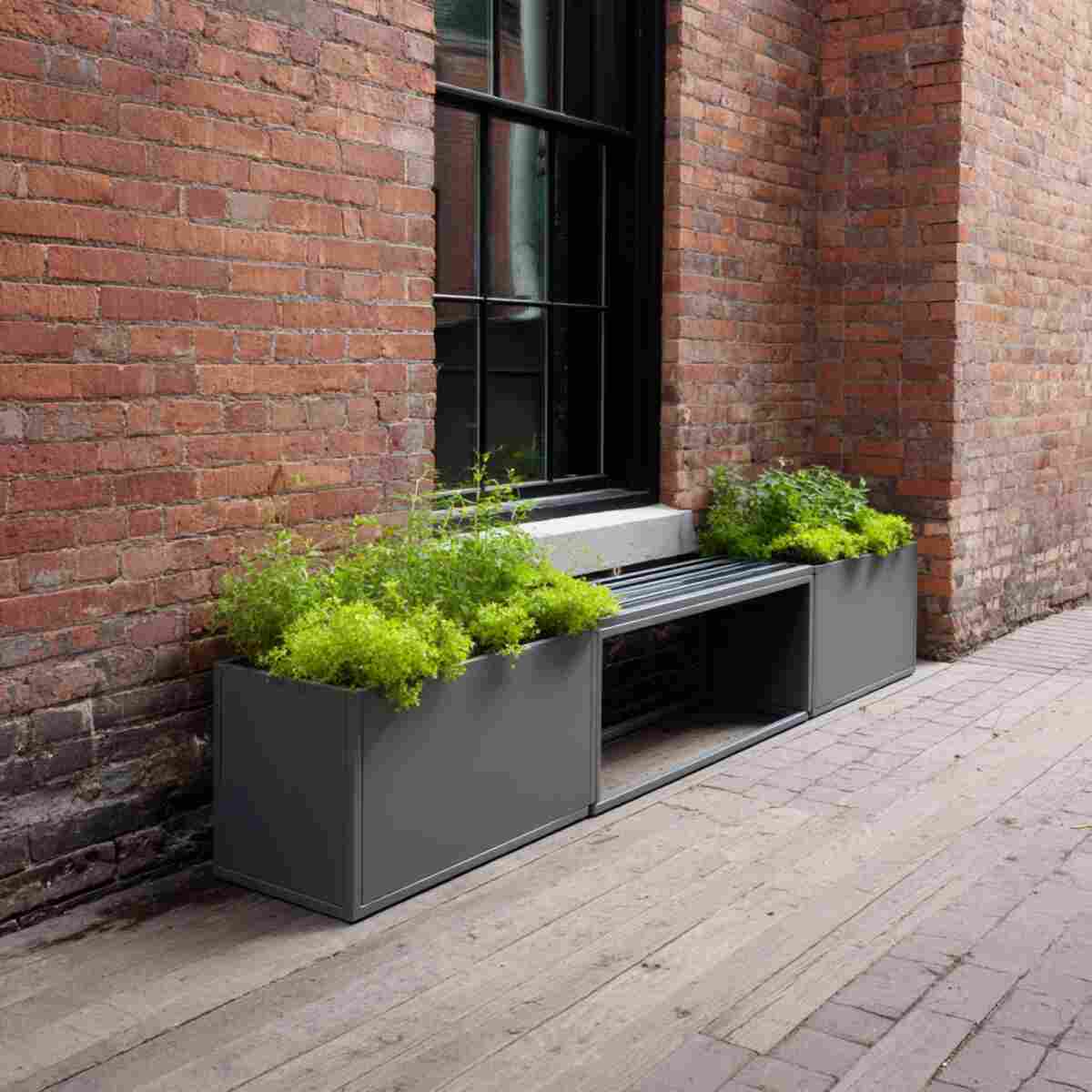 Minimalist Steel Bench with Narrow Planters