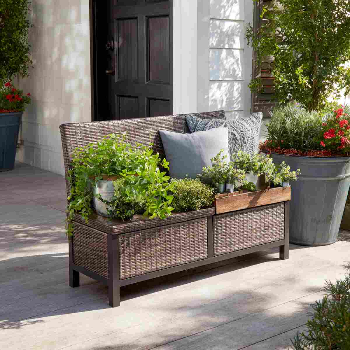Wicker-Style Bench with Integrated Planters