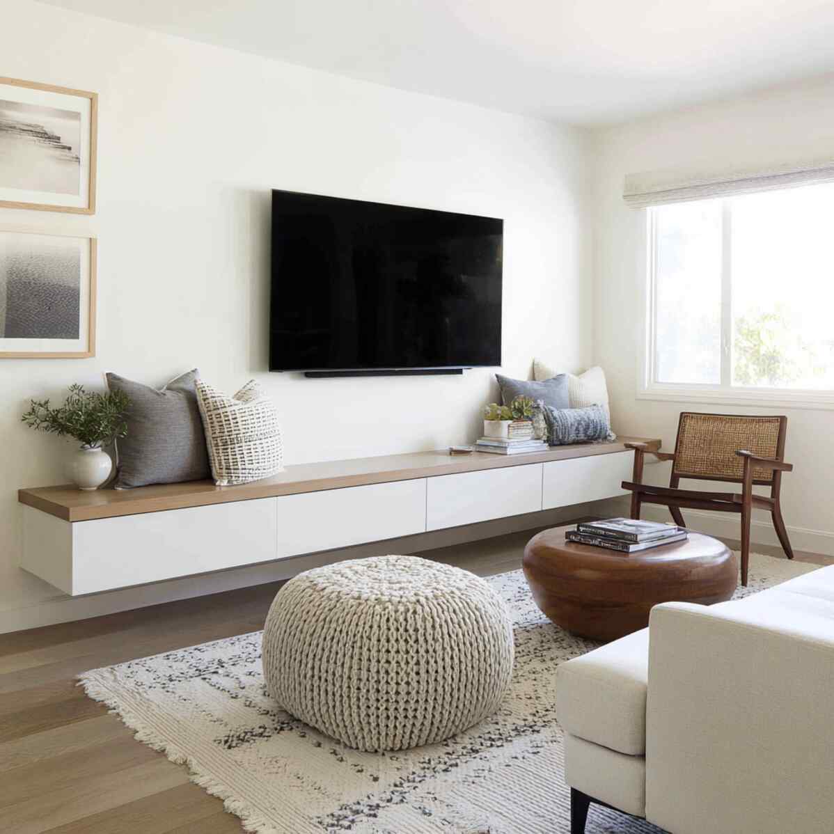 Floating Media Console with Minimal Seating