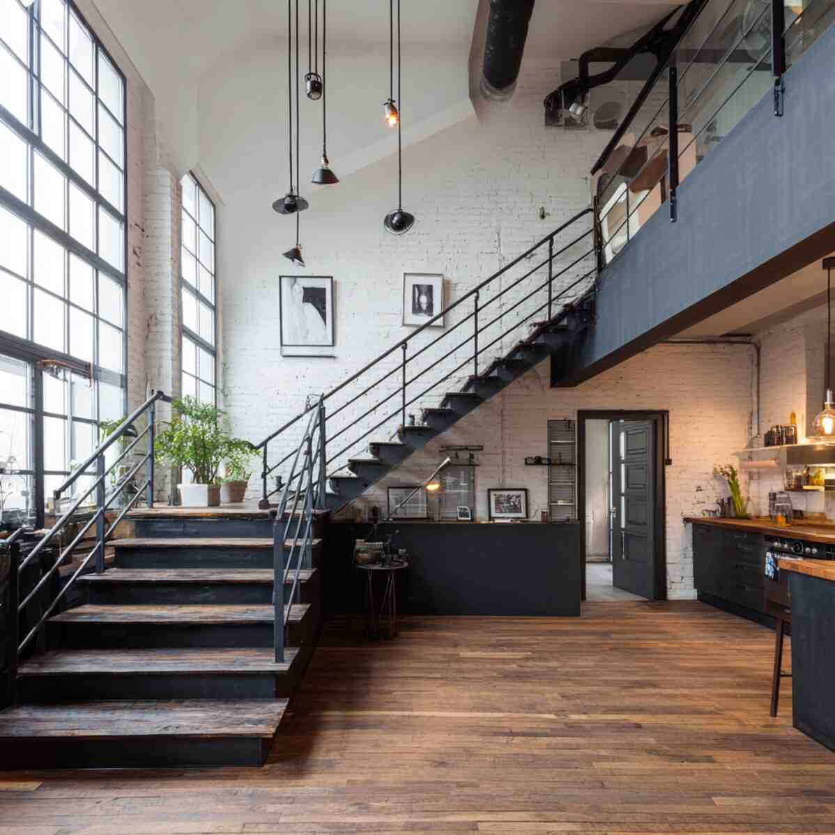 Industrial Pipe Railing with Dark Steps