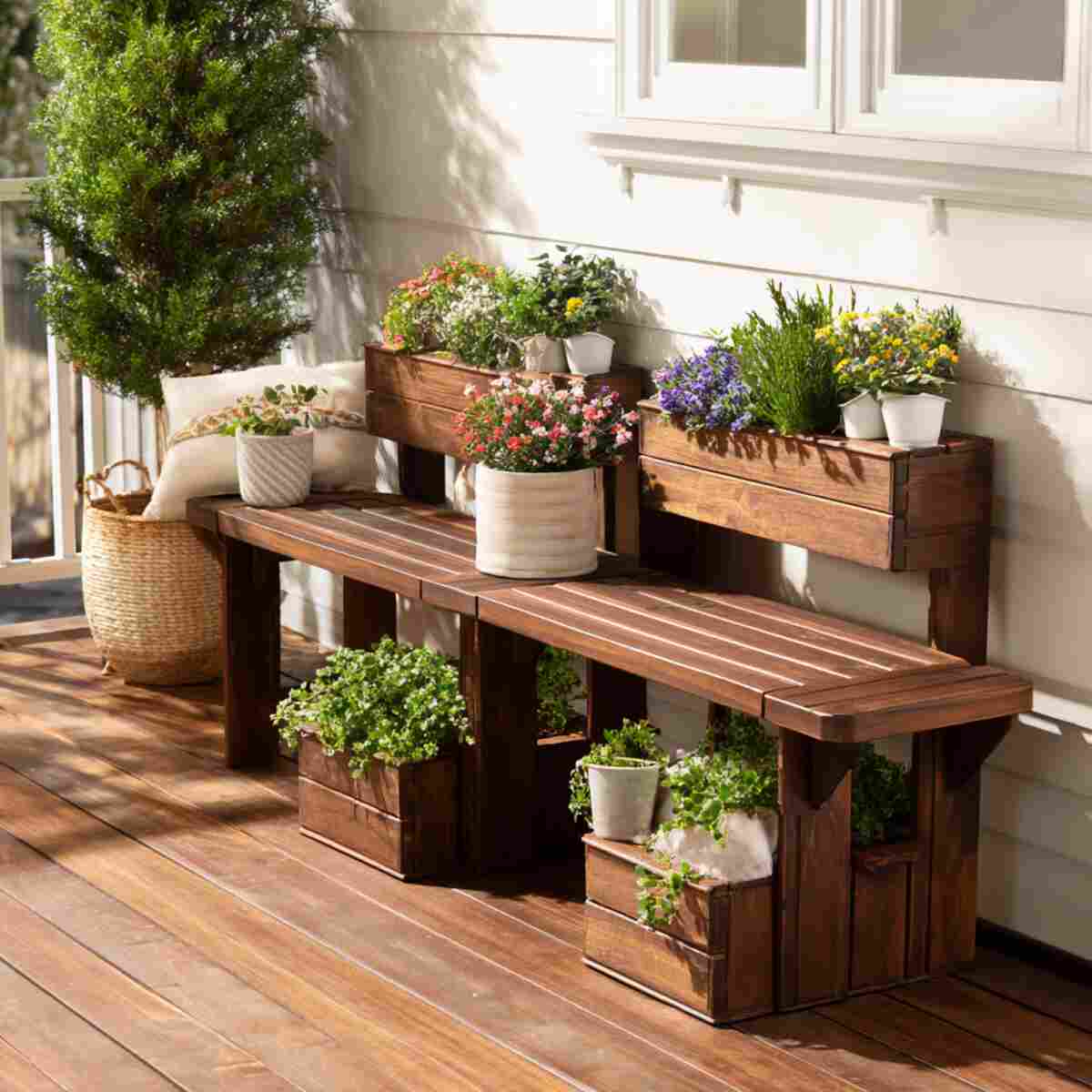 Bench with Cascading Tiered Planters on Each End