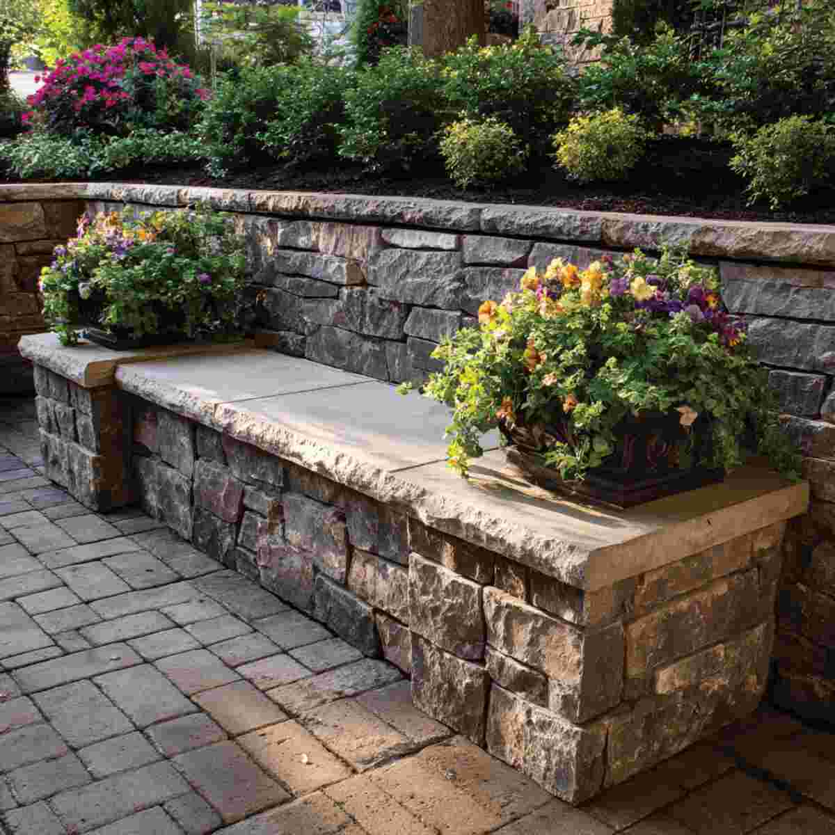 Stone Bench with Matching Stone Planter Boxes