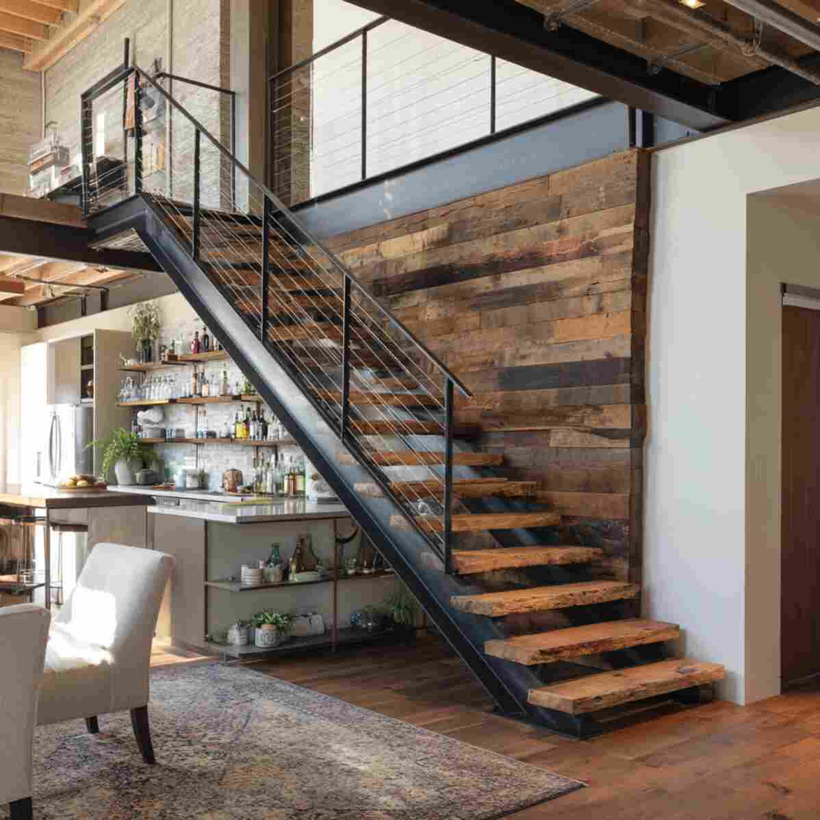 Rustic Reclaimed Wood Steps with Metal Frame